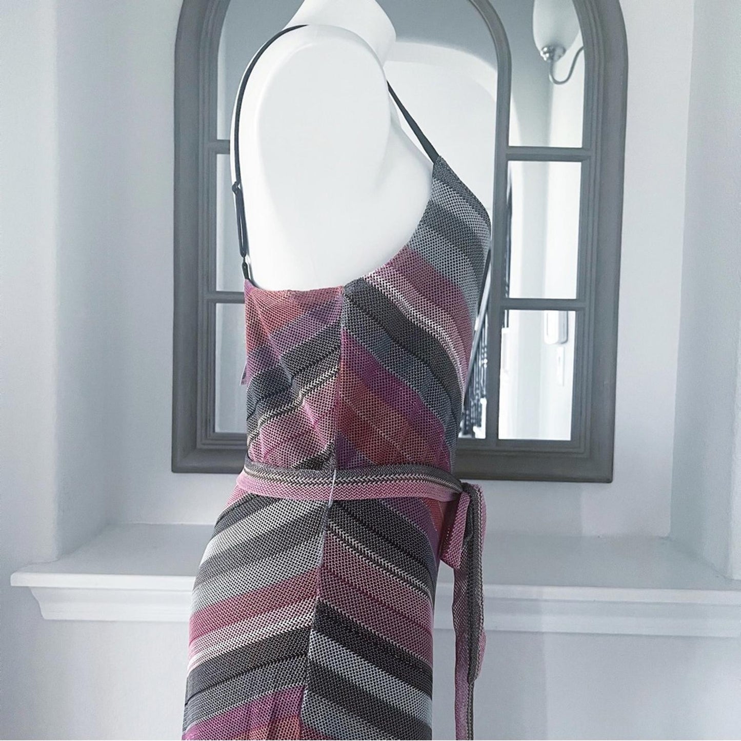 Rachel Roy Finn Metallic Striped Maxi Dress in Pink Grey, Size L New w/Tag