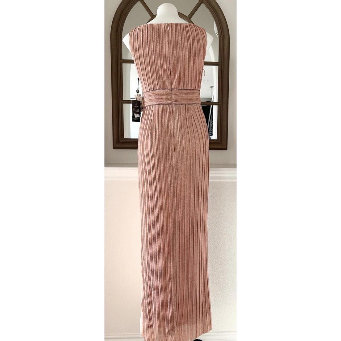Adrianna Papell Metallic Pleated Long Gown in Rose, Size 8 NEW w/Tag $229