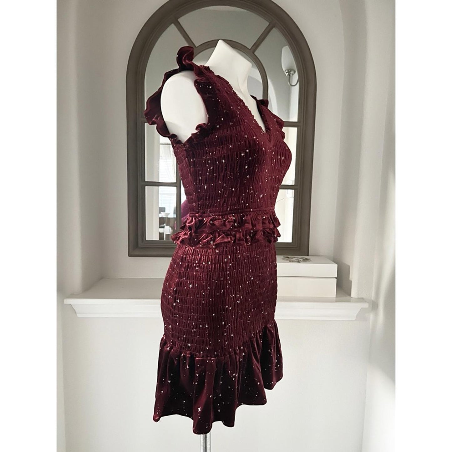 Aqua Velvet Smocked Mini Dress in Burgundy w/Star Print, Size S New w/Tag $88
