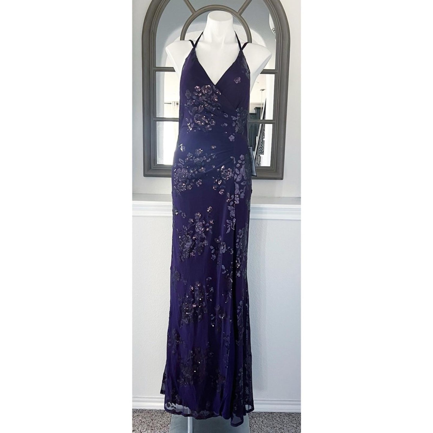Speechless Embroidered Sequin Mesh Lace-Up Back Gown, Juniors' Size 15 NWT
