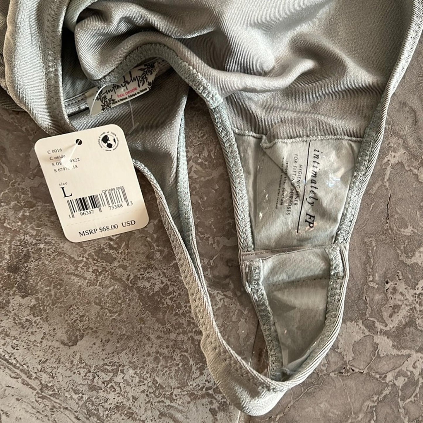 Free People Sateen Oxide Thong Bodysuit, Silver Grey Size L New w/Tag