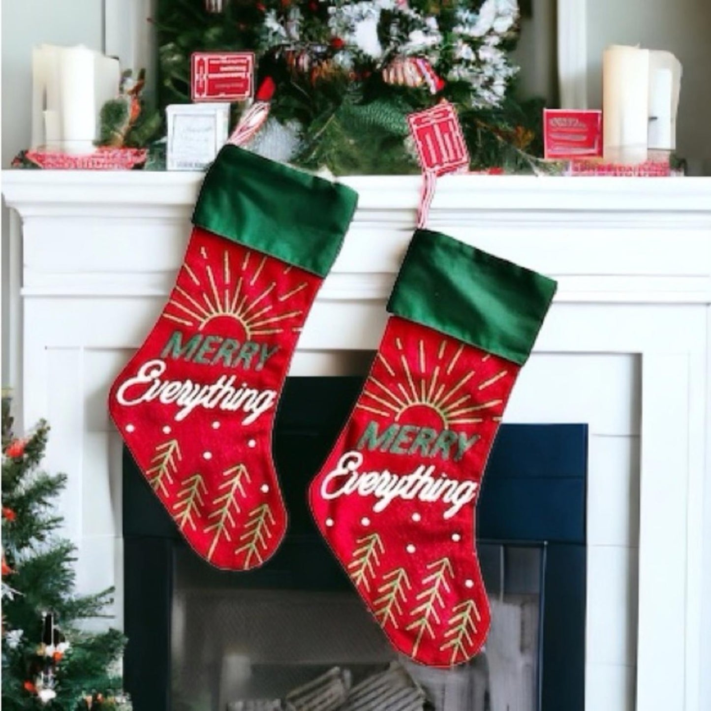 X2 “MERRY Everything” Embroidered Stockings 8.5” x 21” New with Tag