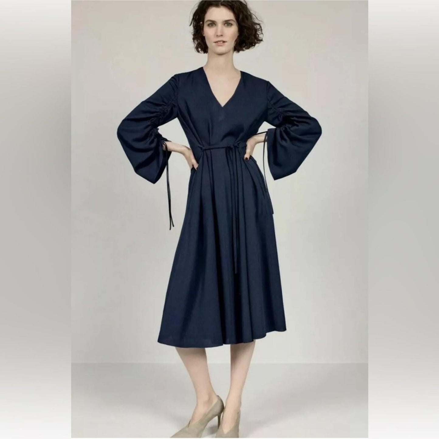 TIBI Ruched Convertible Bell Sleeve Cinched Stretch Crepe Dress Size 10 NWT $595