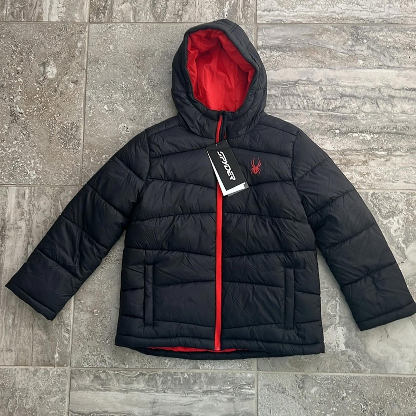 Spyder Kid’s District Hooded Puffer Jacket in Black Size L, New w/Tag