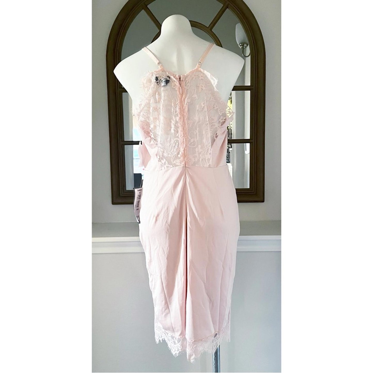 Bebe Lace Inset Sleeveless Eyelash Hem Bodycon Dress in Blush Pink, Size XL NWT