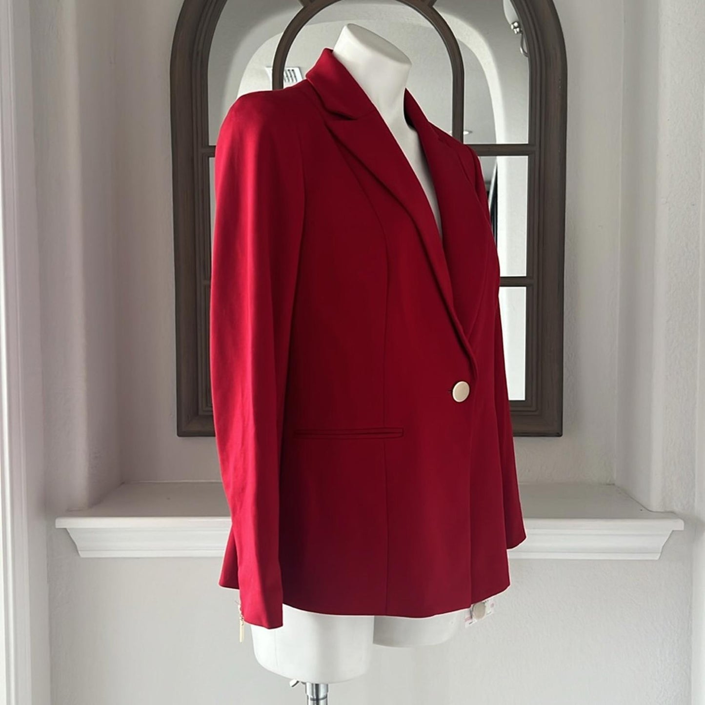 Kasper Zip Cuff Notched Collar One-Button Blazer in Red Petite Size 10, New $129