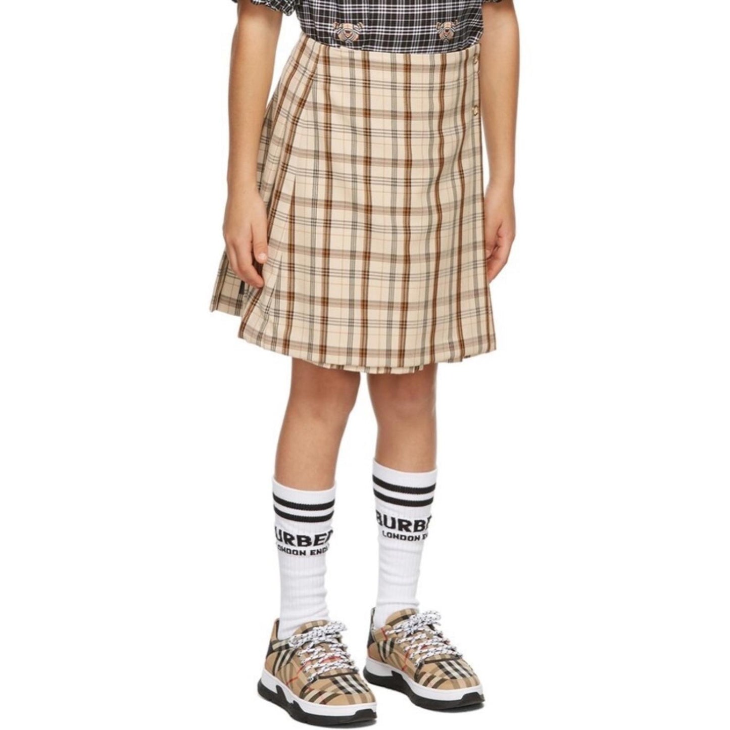 Burberry Kids Beige Check Logo Print Lianne Pleated Skirt, Size 4Y New w/Tag