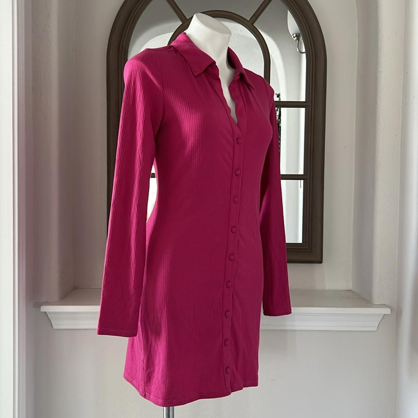 AFRM Ribbed Knit Collared Long Sleeve Button Front Shirt-Dress Berry, Size M NWT