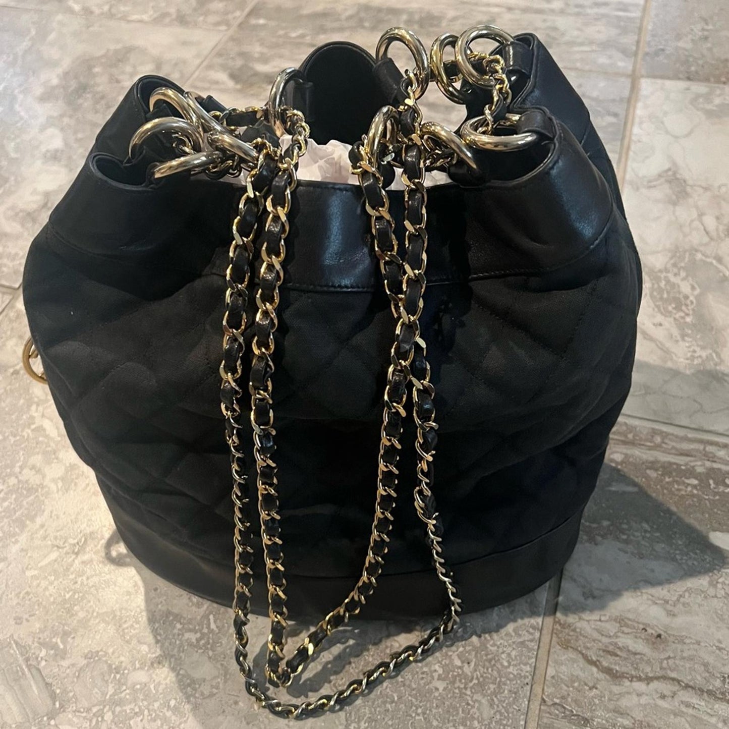 CHANEL Black Canvas CC Chain Bucket Bag (Made in Italy) *RARE Piece!