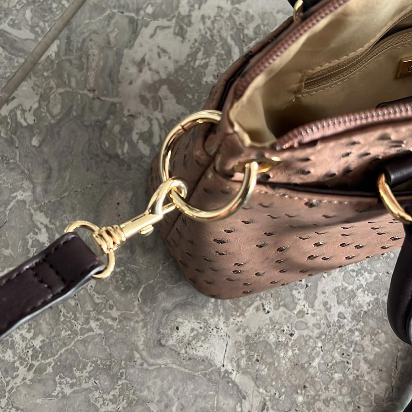 Giani Bernini Faux Ostrich Mini Satchel in Mocha Brown/Gold Tone, NEW w/o Tag