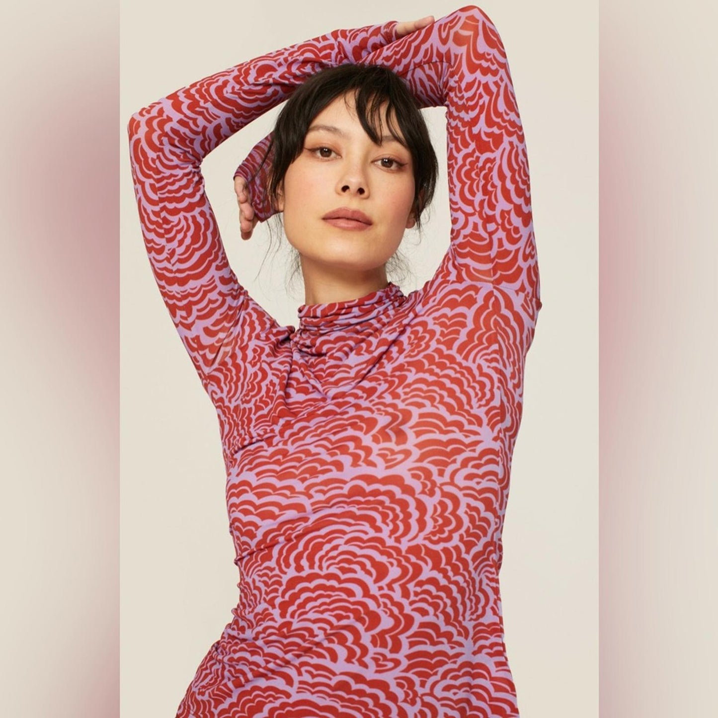 ALC James Printed Stretch-Mesh Turtleneck Top, Size L New w/Tag Retail $295