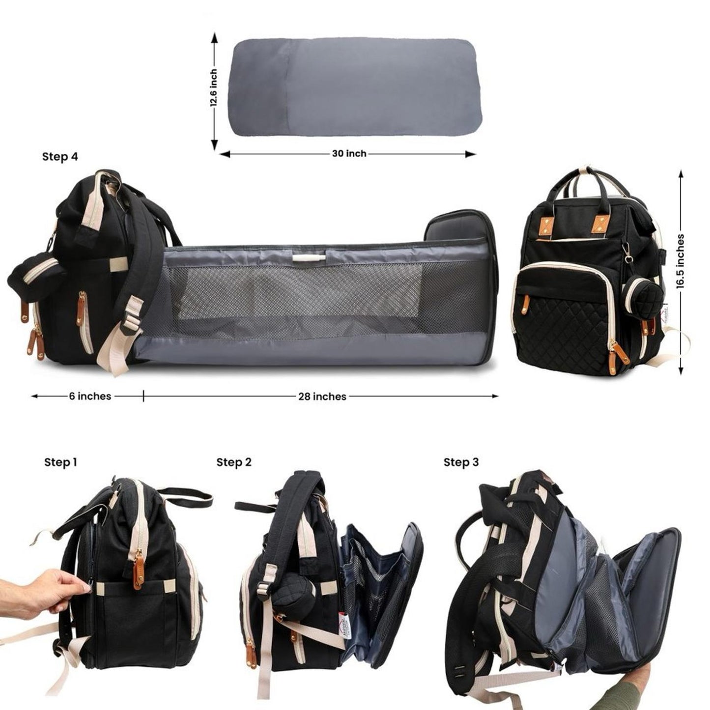 Akshomz Diaper Bag Backpack with Changing Station, Black Tan NEW