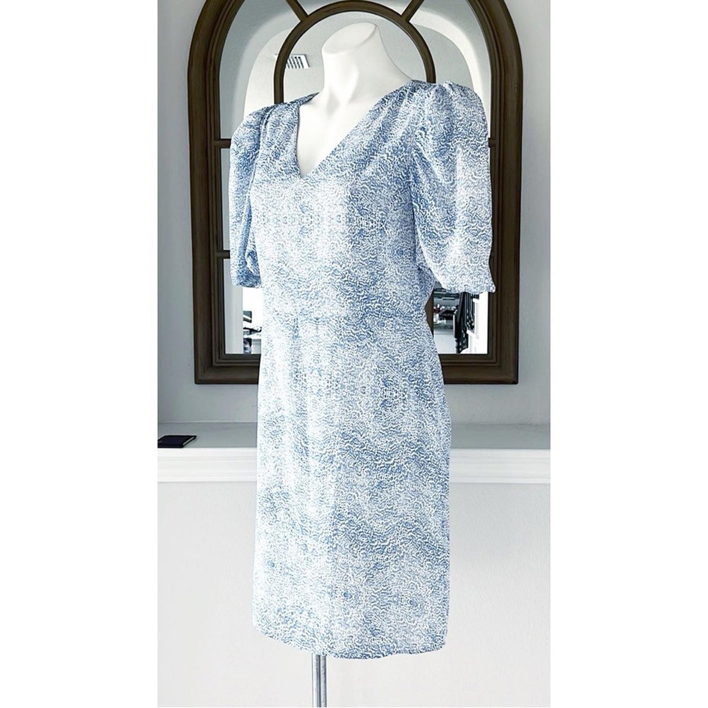 AS by DF Ischia Print Dress w/Puff Sleeves in Blue, Size M New w/Tag Retail $288