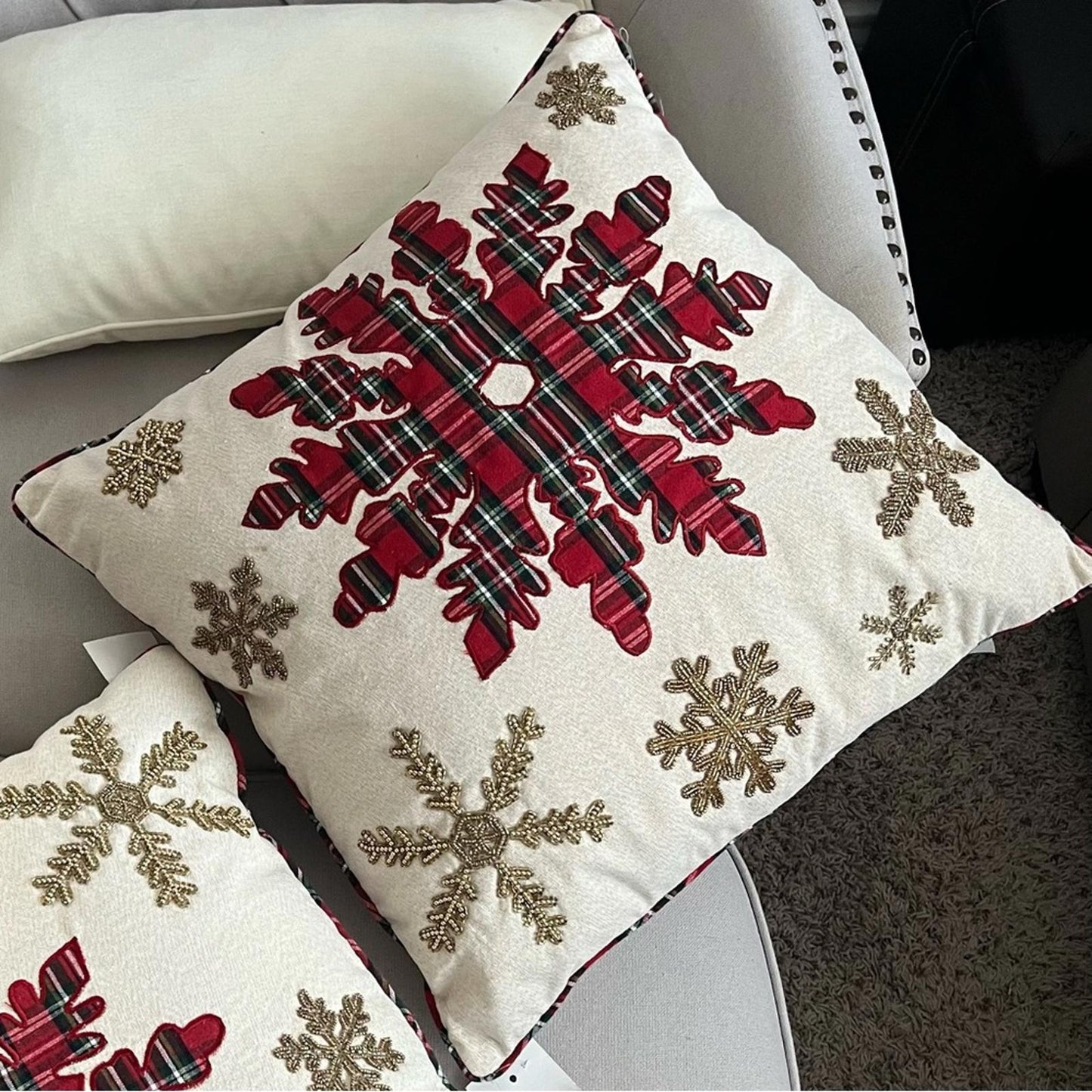 x2 Holiday Snowflake Decorative Pillows, Plaid & Beaded Retail $70