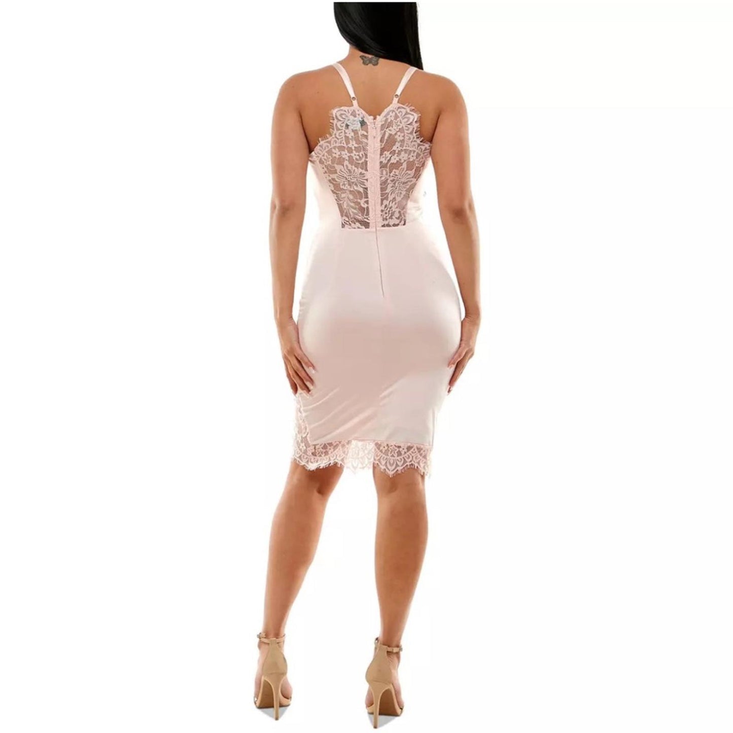 Bebe Lace Inset Sleeveless Eyelash Hem Bodycon Dress in Blush Pink, Size XL NWT