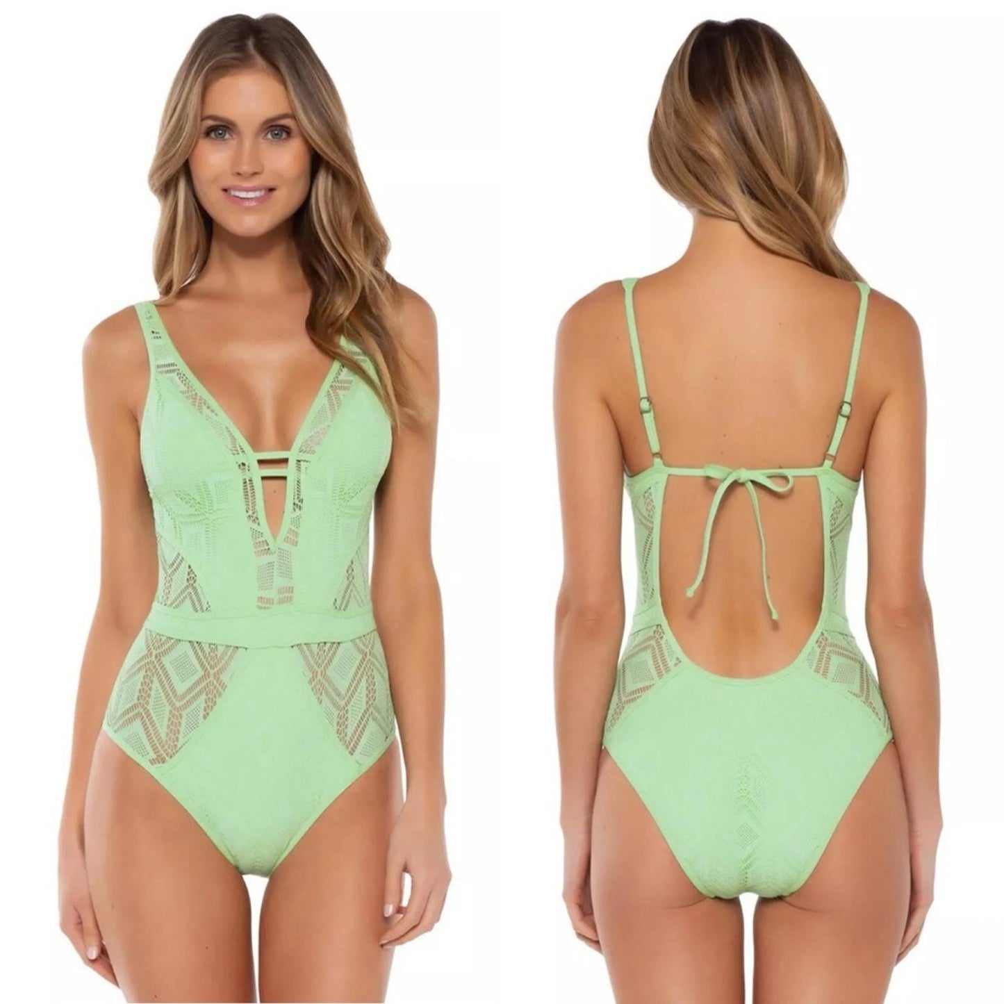 Becca Wanderlust Crochet Plunge One Piece Swimsuit in Mint Size XS NEW w/Tag