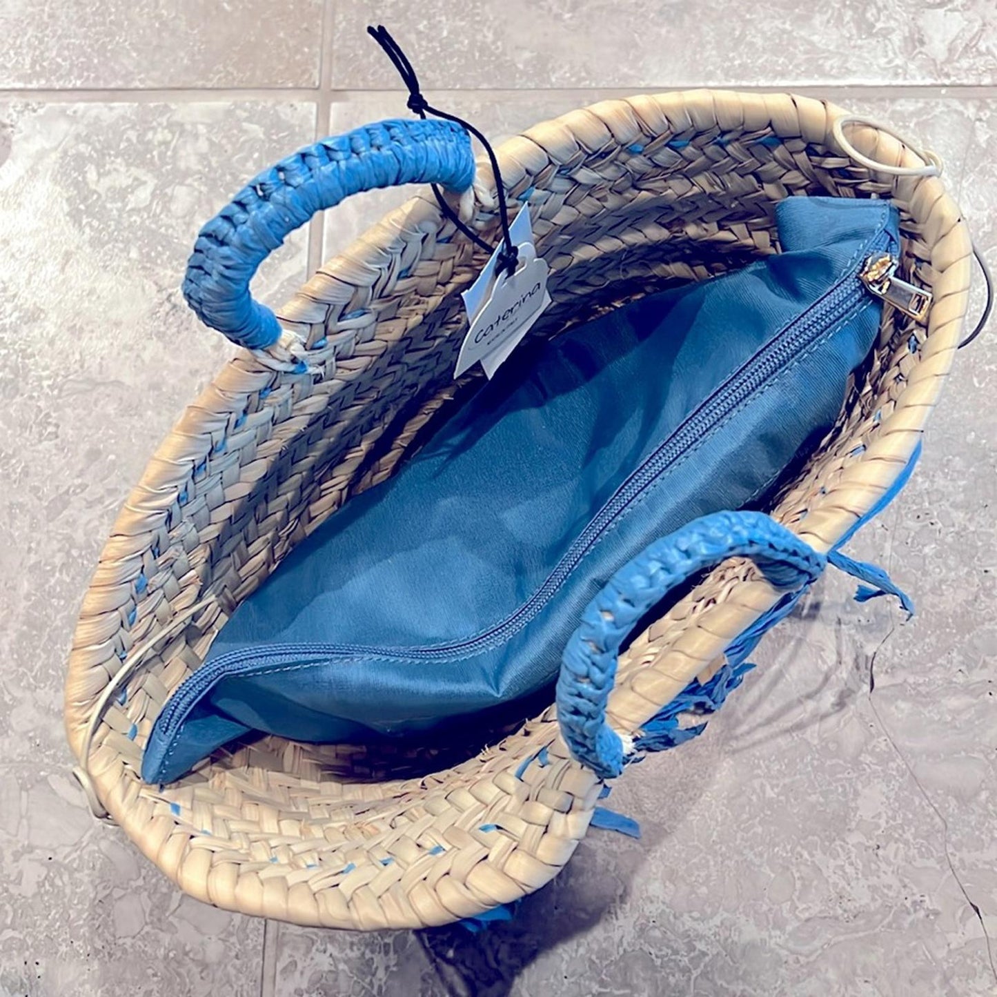 Caterina Bertini Fringe Mini Tote + Large Tote, Blue (Made in Italy) New w/Tag