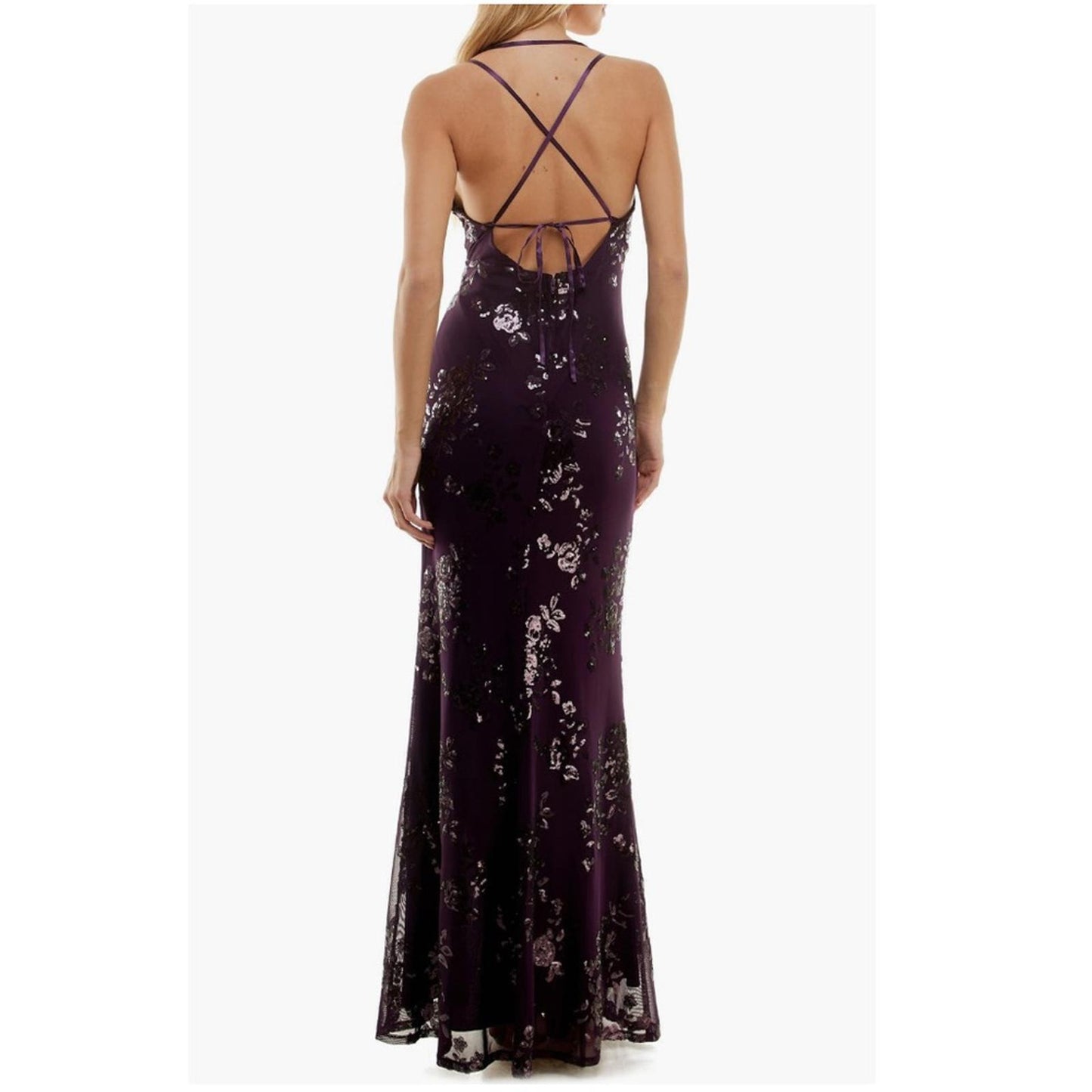 Speechless Embroidered Sequin Mesh Lace-Up Back Gown, Juniors' Size 15 NWT