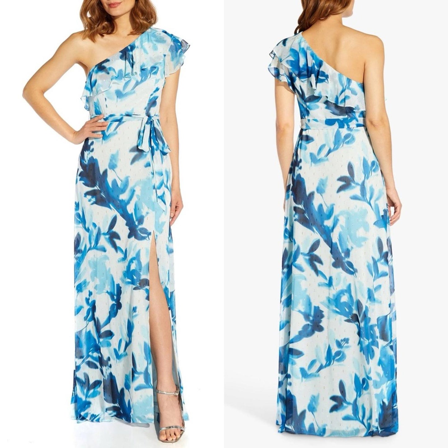 Adrianna Papell One Shoulder Floral Belted Maxi Evening Dress, Size 2 NWT $229
