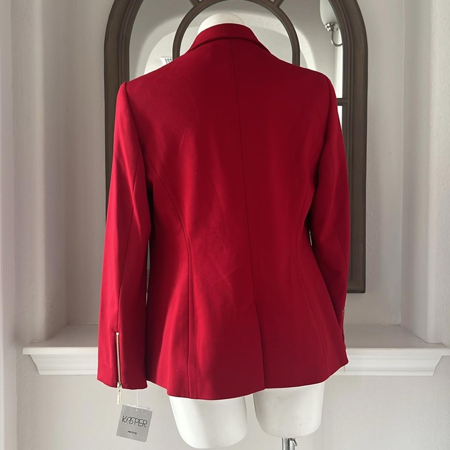 Kasper Zip Cuff Notched Collar One-Button Blazer in Red Petite Size 10, New $129