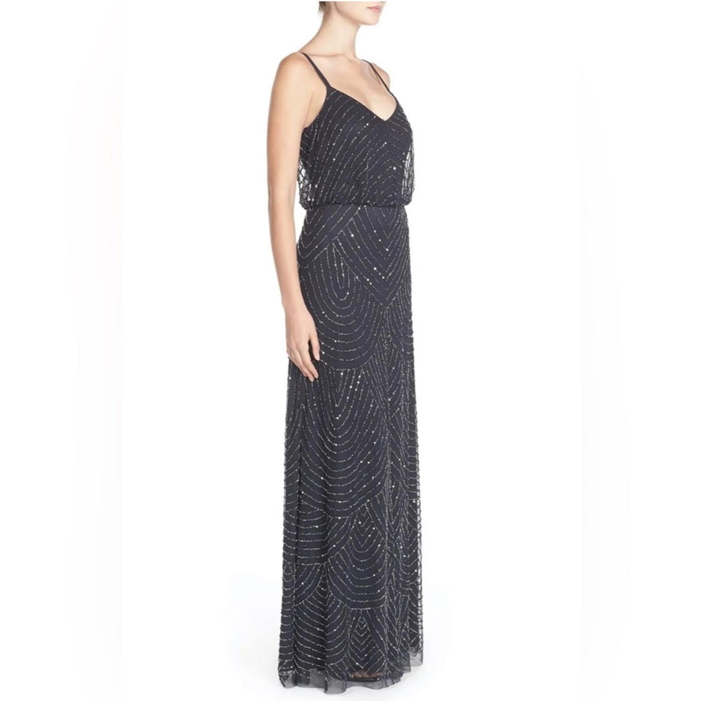 Adrianna Papell Art Deco Beaded Blouson Gown, Navy w/Silver Sequins Size 4