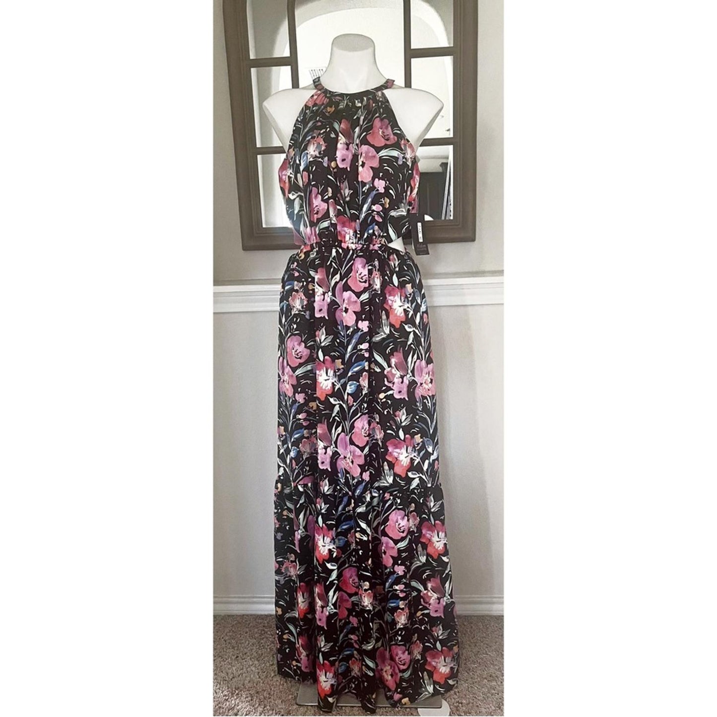 Aidan Mattox Halter Tiered Pleated Cut Out Floral Maxi Dress Size 8 NWT $220