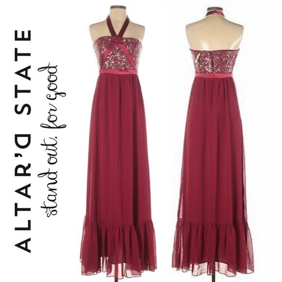 Altar’d State Tiered Halter Maxi Dress in Ruby, Size M New w/Tag Retail $250