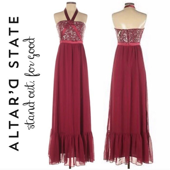 Altar’d State Tiered Halter Maxi Dress in Ruby, Size M New w/Tag Retail $250