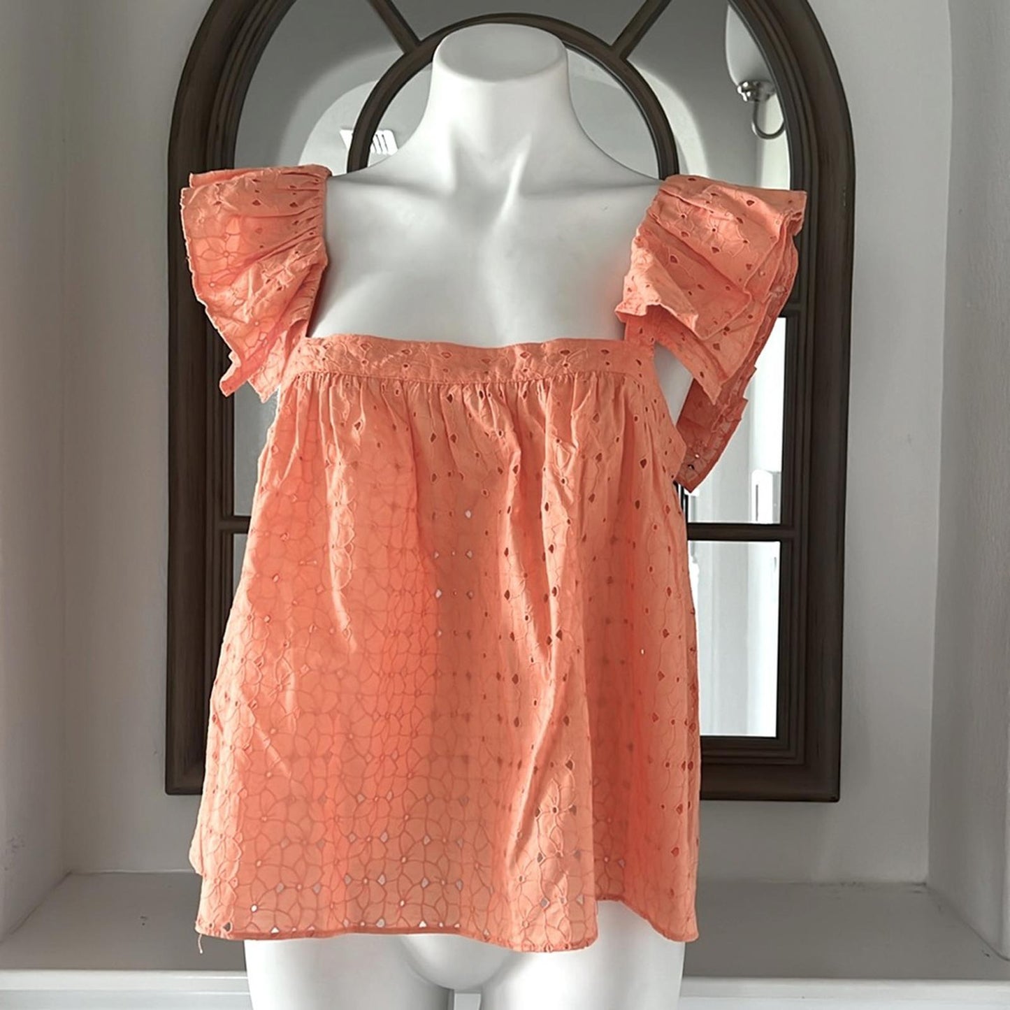 Katharine Kidd Double Ruffle Square Neck Sleeves Top, Peach Size M New w/Tag