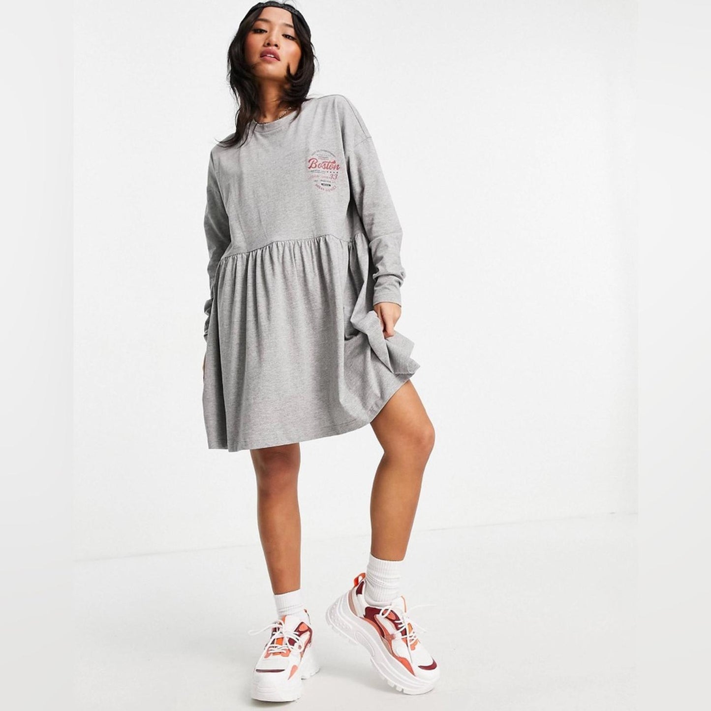 ASOS’ Noisy May Collegiate Motif Jersey Smock Dress, Gray Heather Size XL NWT