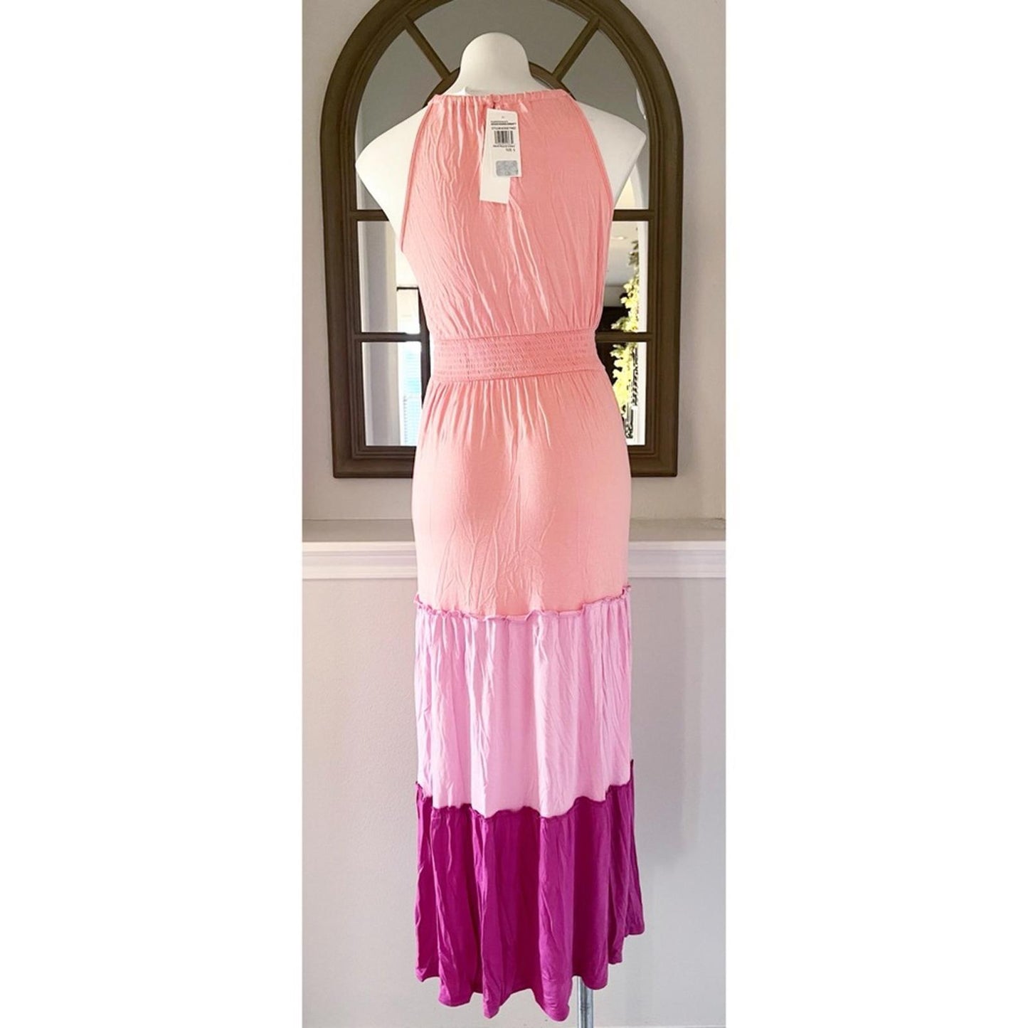 Adyson Parker Color Block Sleeveless Tiered Maxi Dress, Neon Peach Combo NWT
