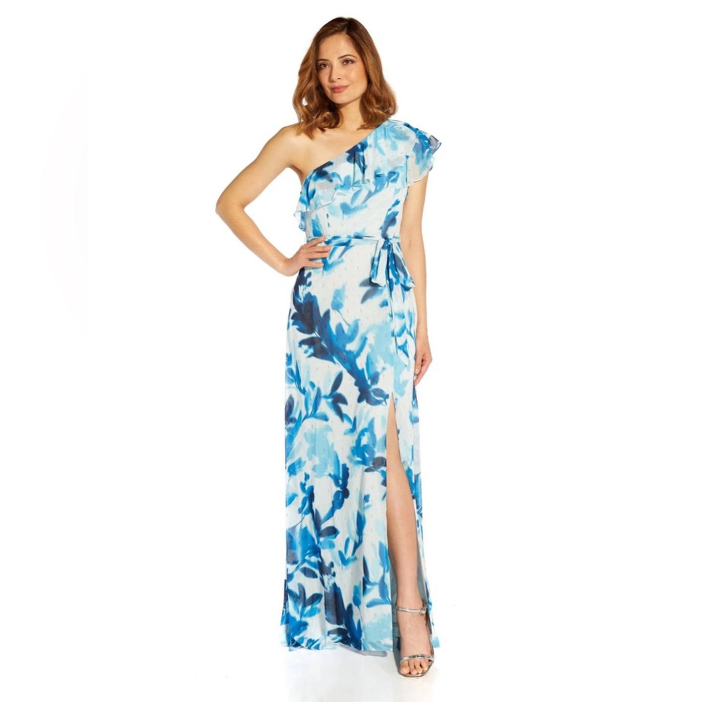 Adrianna Papell One Shoulder Floral Belted Maxi Evening Dress, Size 2 NWT $229