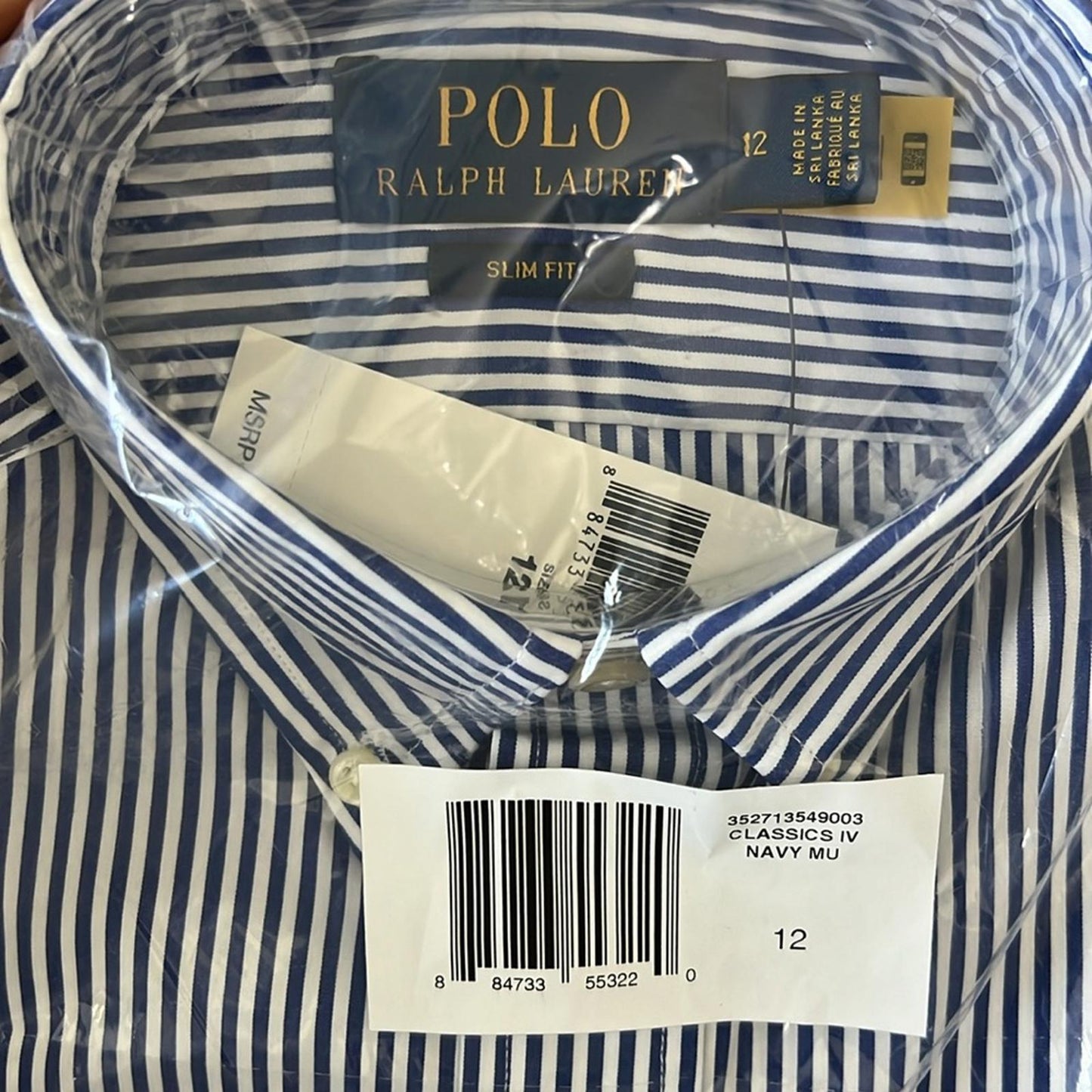 Polo Ralph Lauren Striped Cotton Poplin Shirt, Navy & White Size 12 New w/Tag