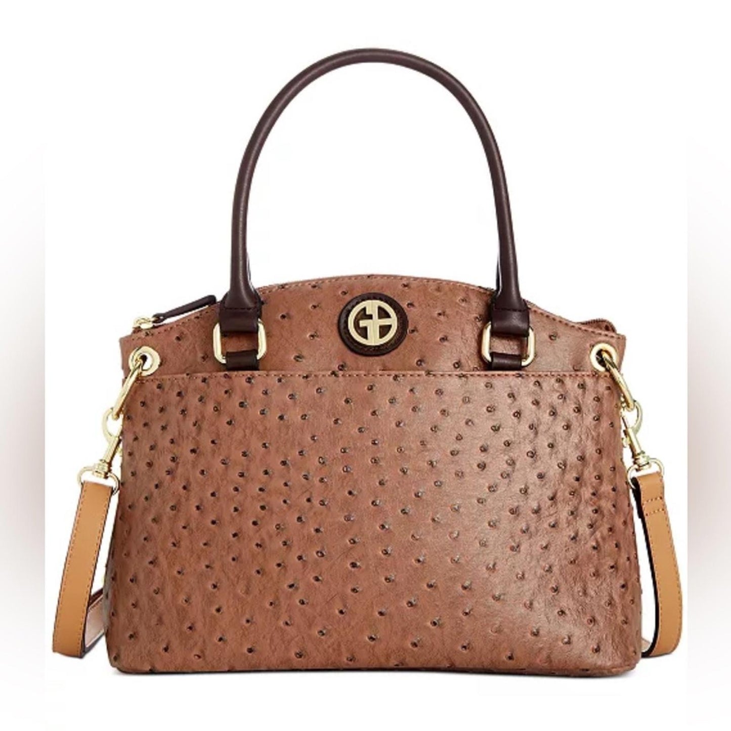 Giani Bernini Faux Ostrich Mini Satchel in Mocha Brown/Gold Tone, NEW w/o Tag