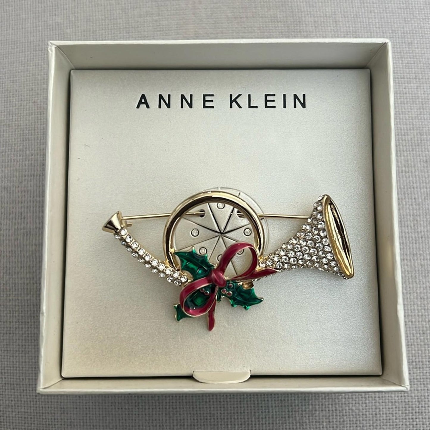 Anne Klein Gold-Tone Crystal French Horn Pin/Brooch, New in Box