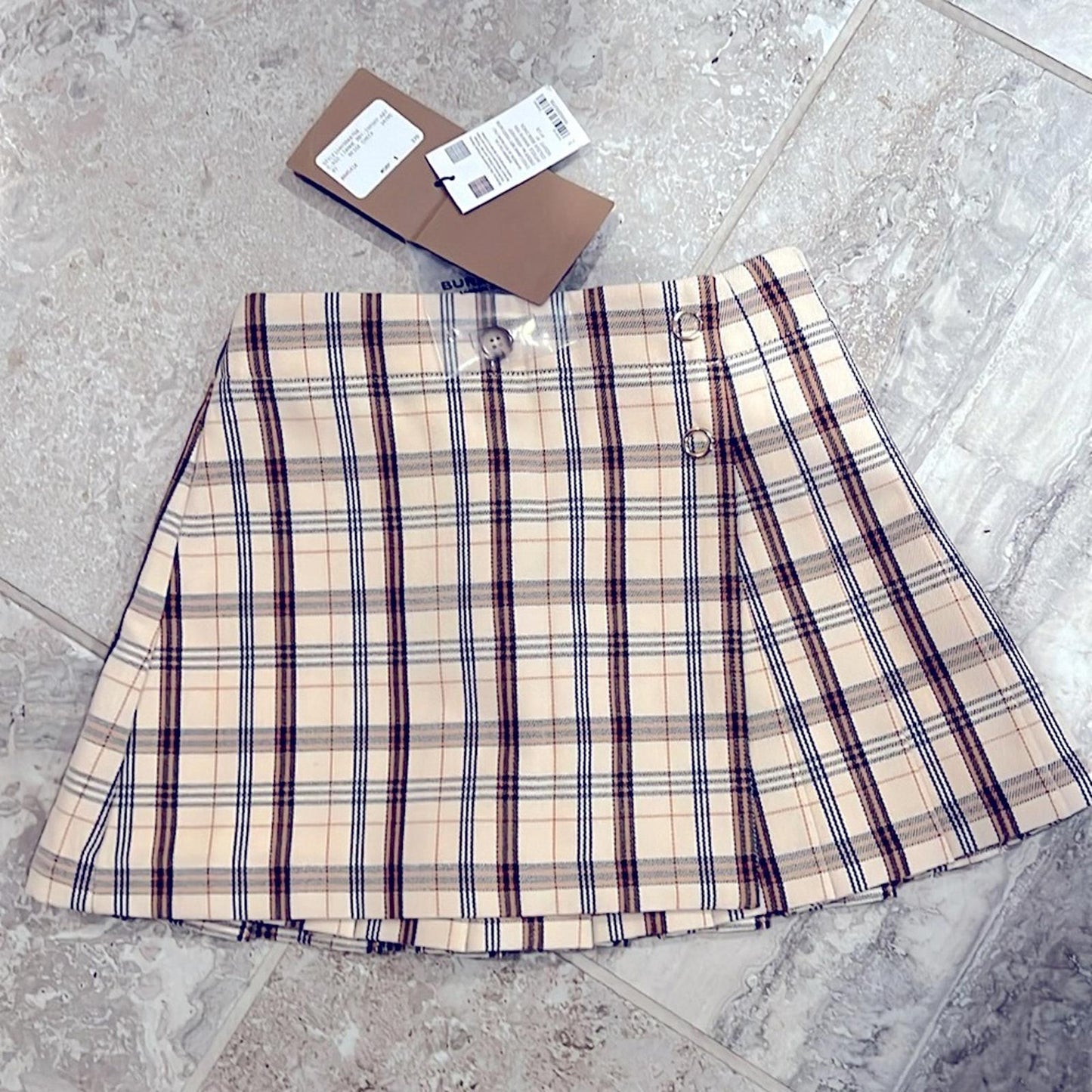 Burberry Kids Beige Check Logo Print Lianne Pleated Skirt, Size 4Y New w/Tag