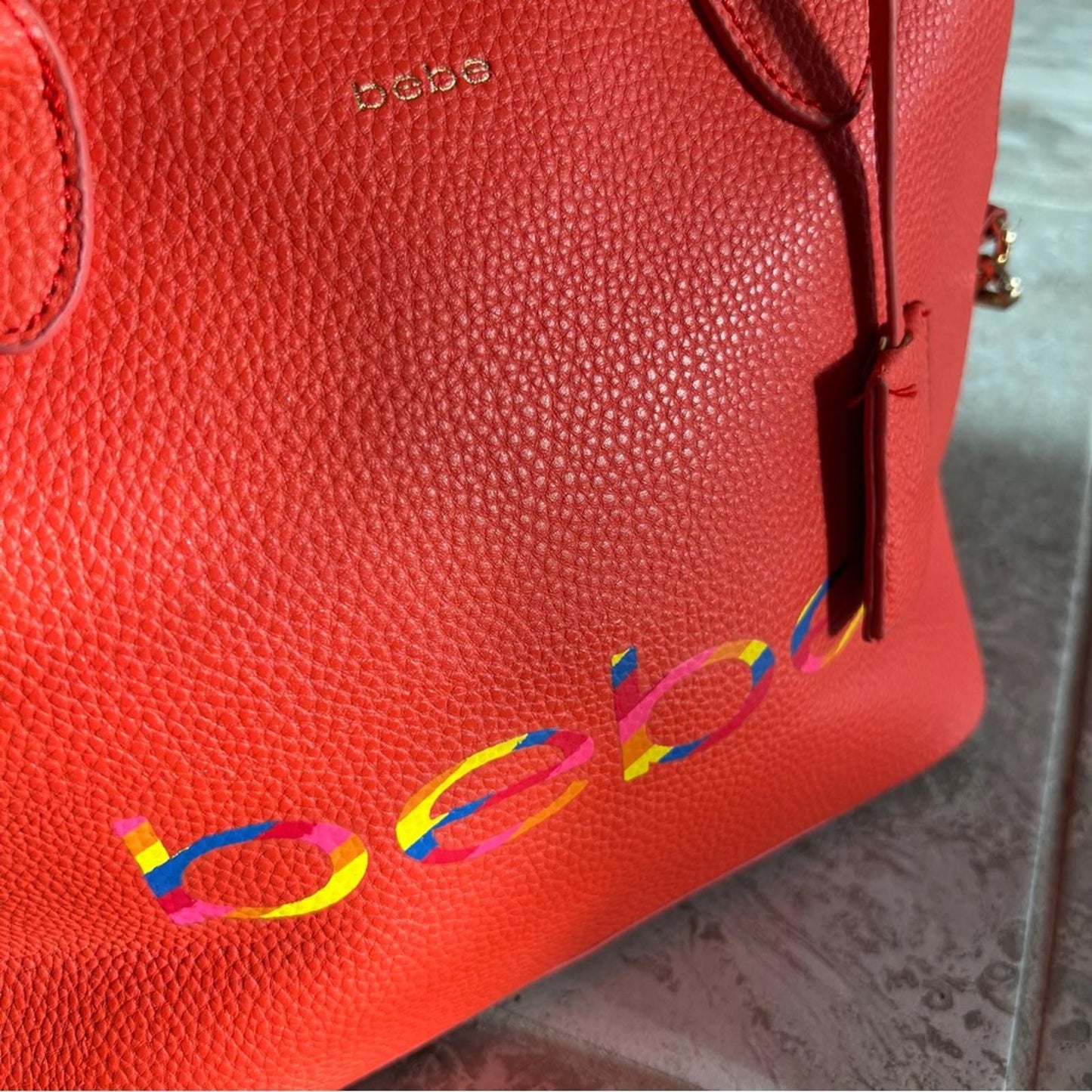 bebe Fabiola Dome Logo Satchel Crossbody Handbag, Ruby Red Orange Excellent