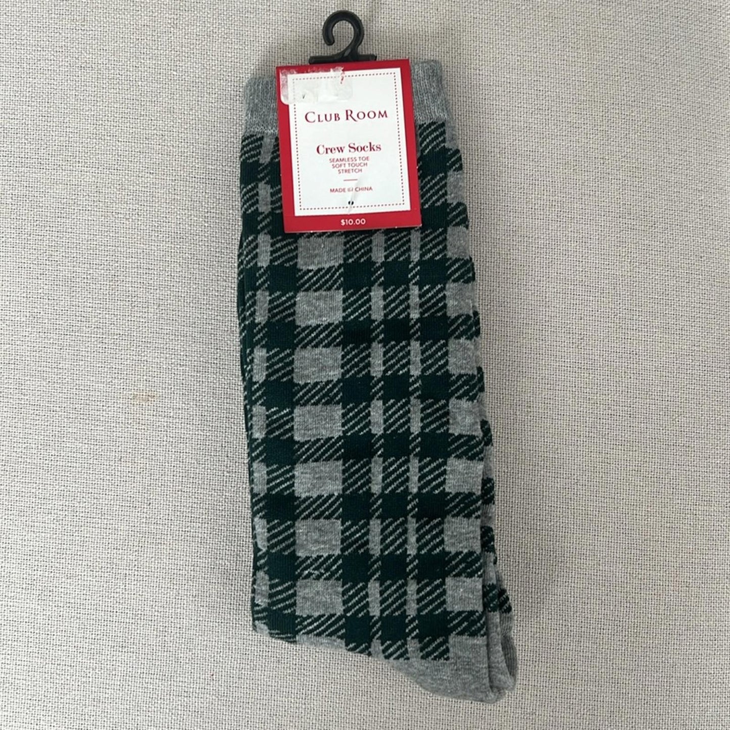 X2 Club Room Grey/Green Plaid Crew Socks, Soft Touch Stretch One Size New w/Tag