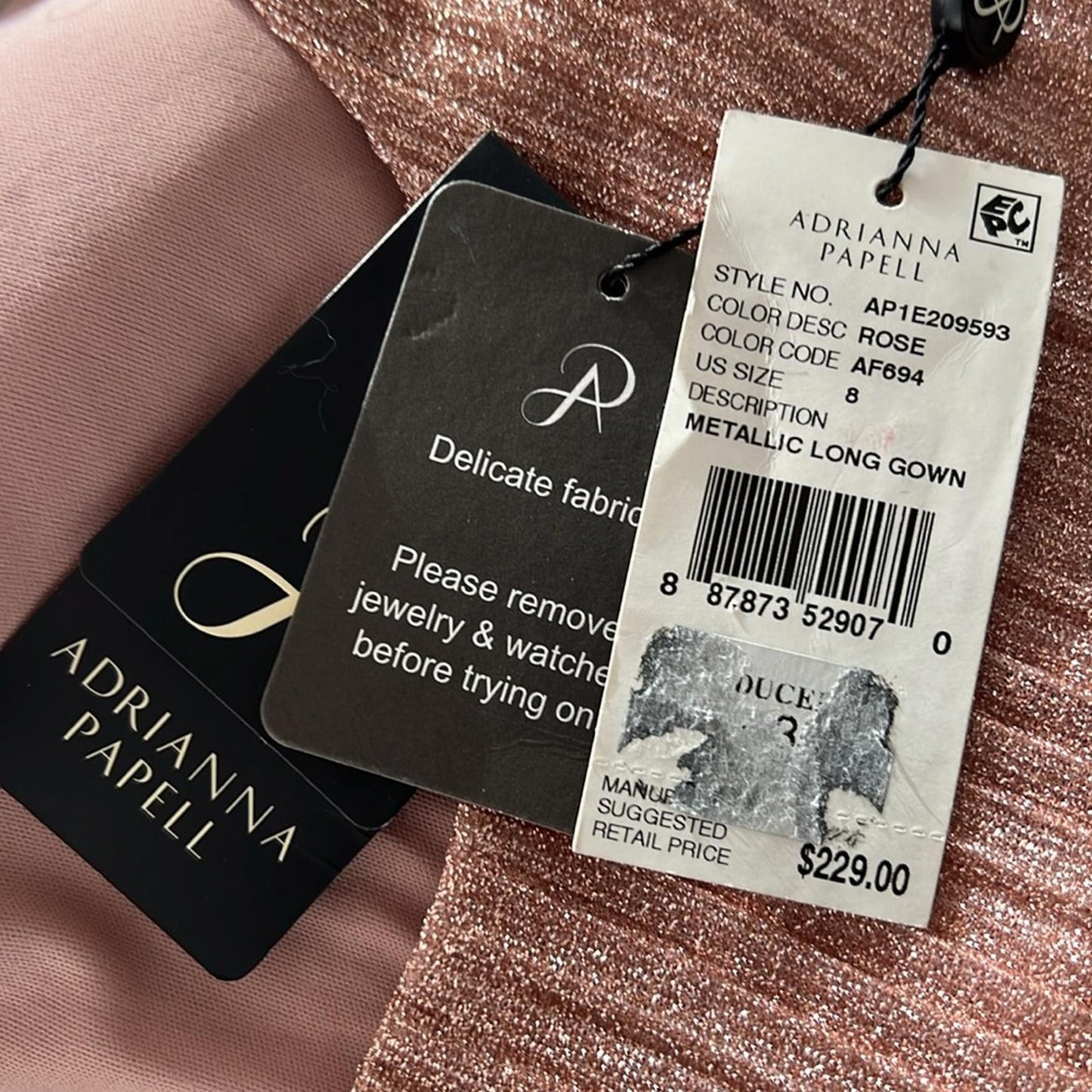 Adrianna Papell Metallic Pleated Long Gown in Rose, Size 8 NEW w/Tag $229