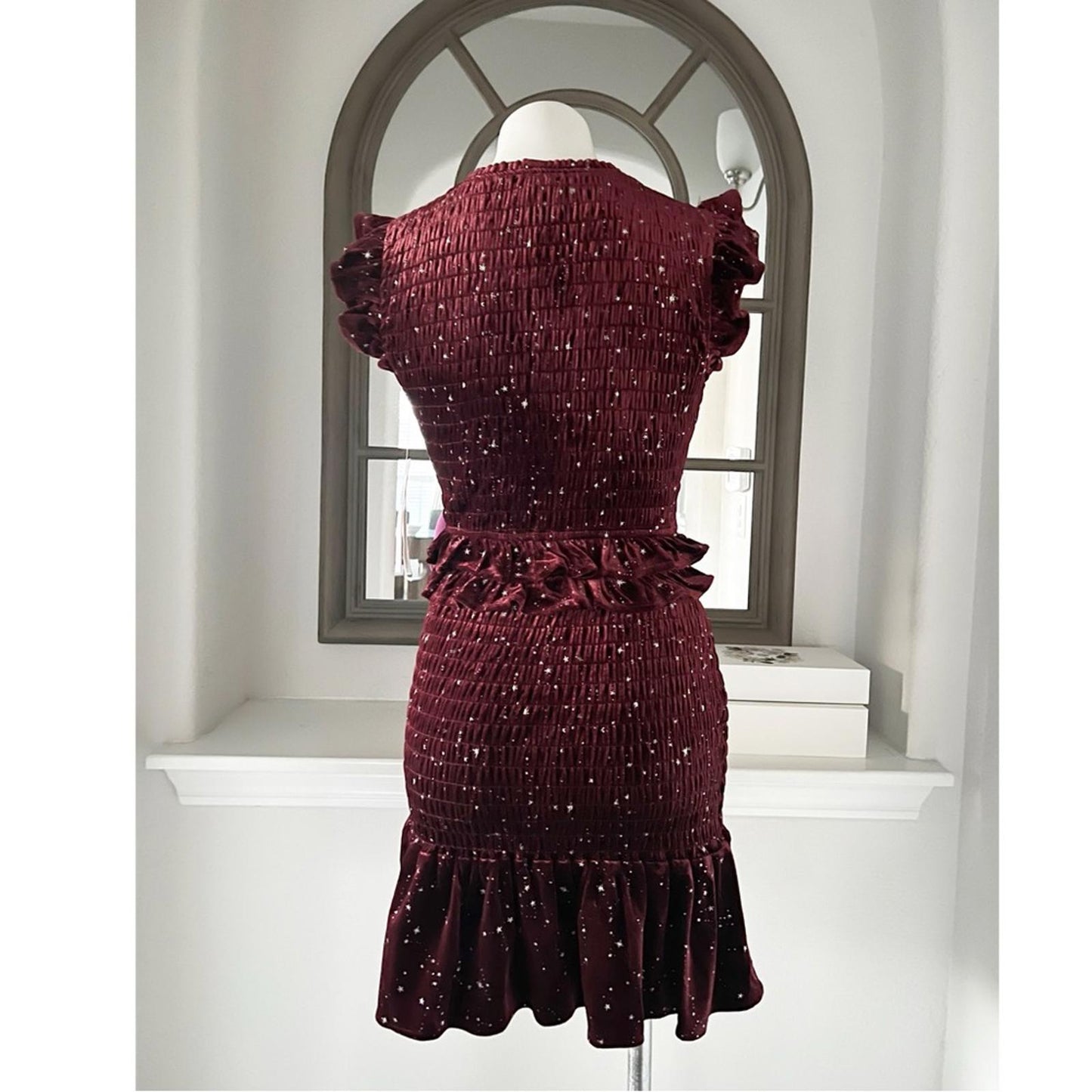 Aqua Velvet Smocked Mini Dress in Burgundy w/Star Print, Size S New w/Tag $88