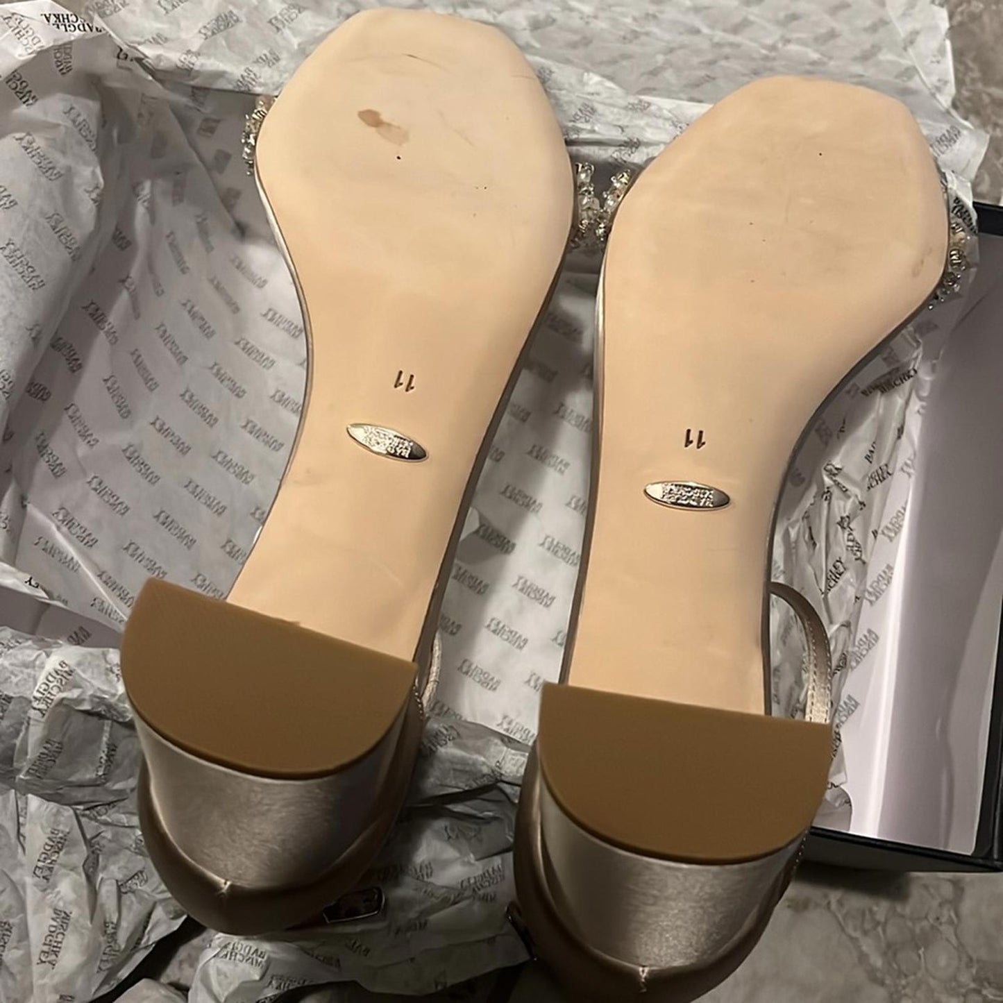 Badgley Mischka Teela Embellished Block Heel Sandals, Pearl Nude, Size 11 NWT