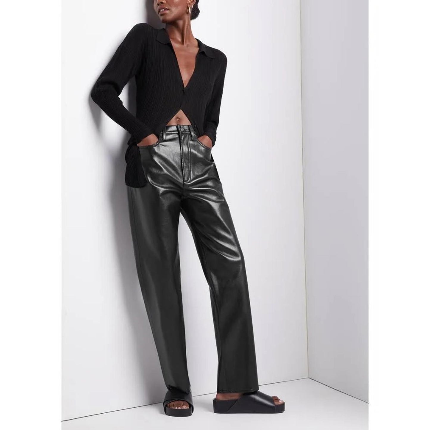 AGOLDE Recycled Leather Fitted 90's Pinch Waist Pants in Black, New w/Tag $348