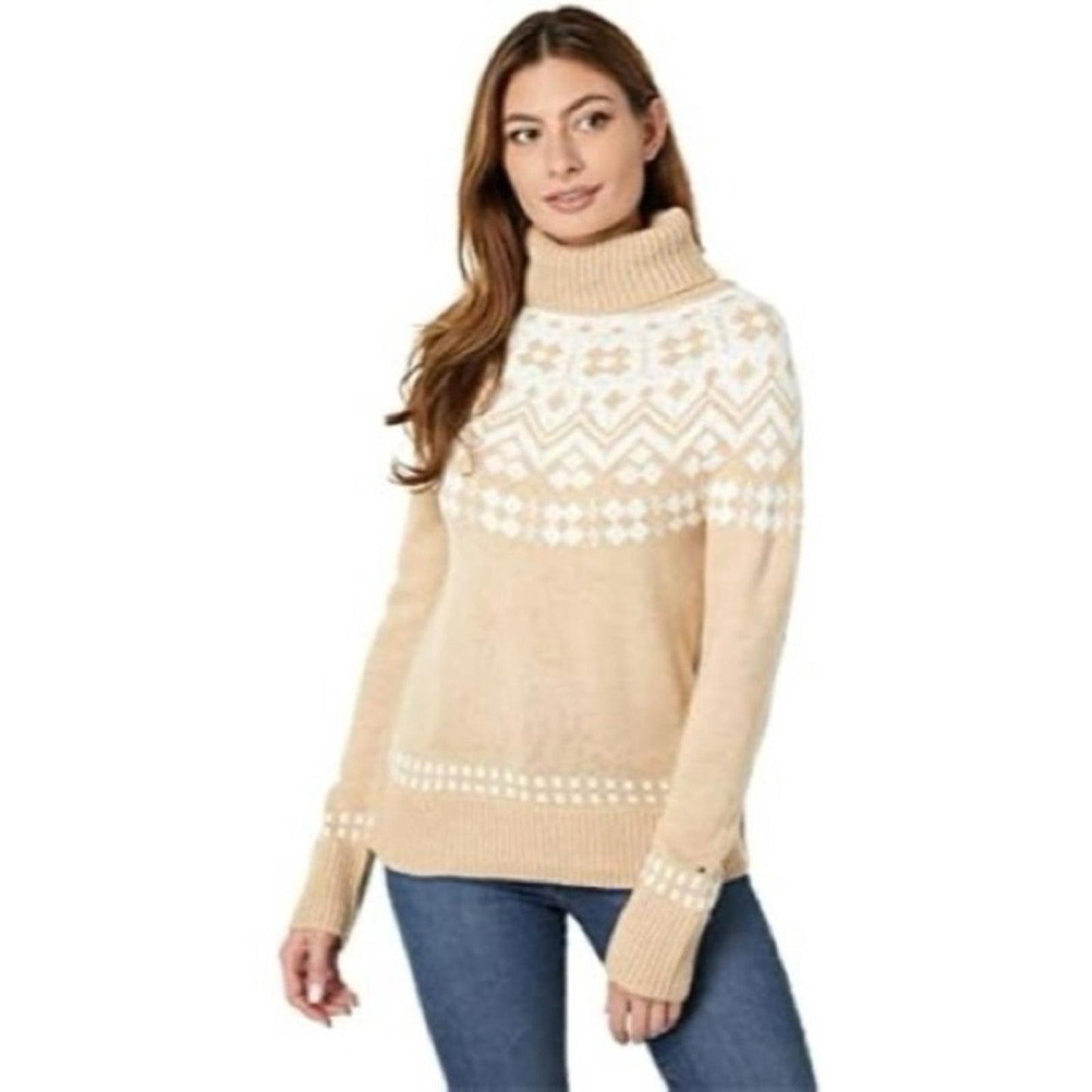 NEW Tommy Hilfiger Frosted Yoke Turtleneck Sweater Light Heather Fawn/Ivory Sz L