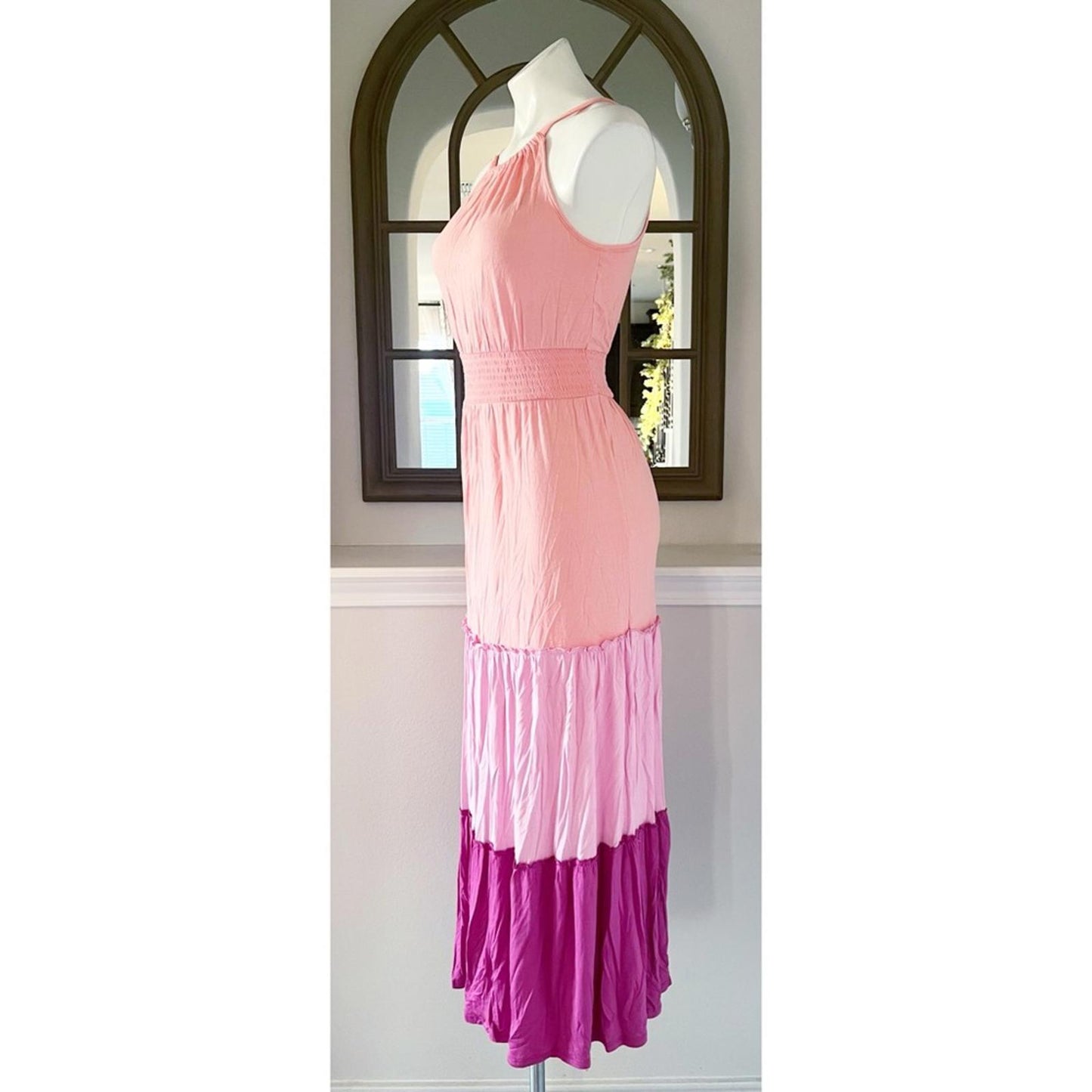 Adyson Parker Color Block Sleeveless Tiered Maxi Dress, Neon Peach Combo NWT