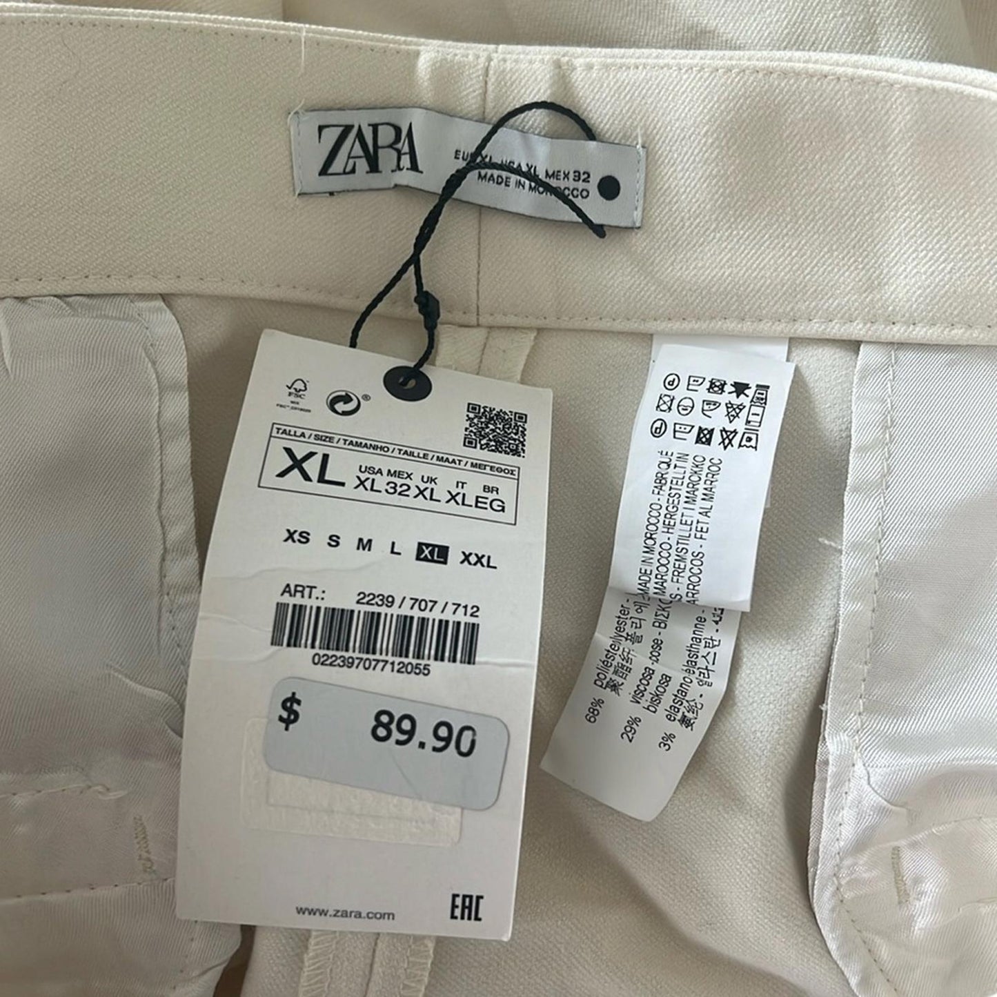 ZARA High-Waisted Wide Leg Pants, Cream White Size XL New w/Tag $89.90