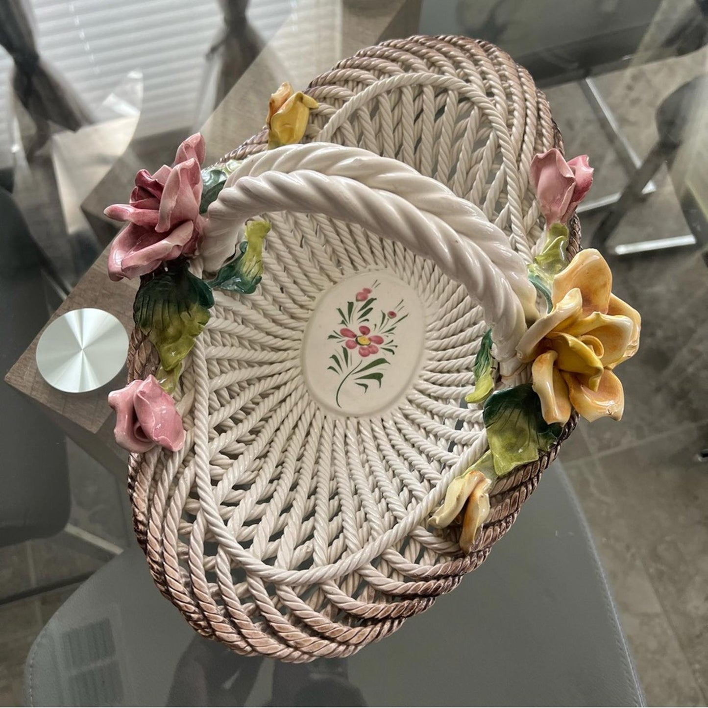 Capodimonte Large Woven Porcelain Floral Basket Classic Style, *RARE*