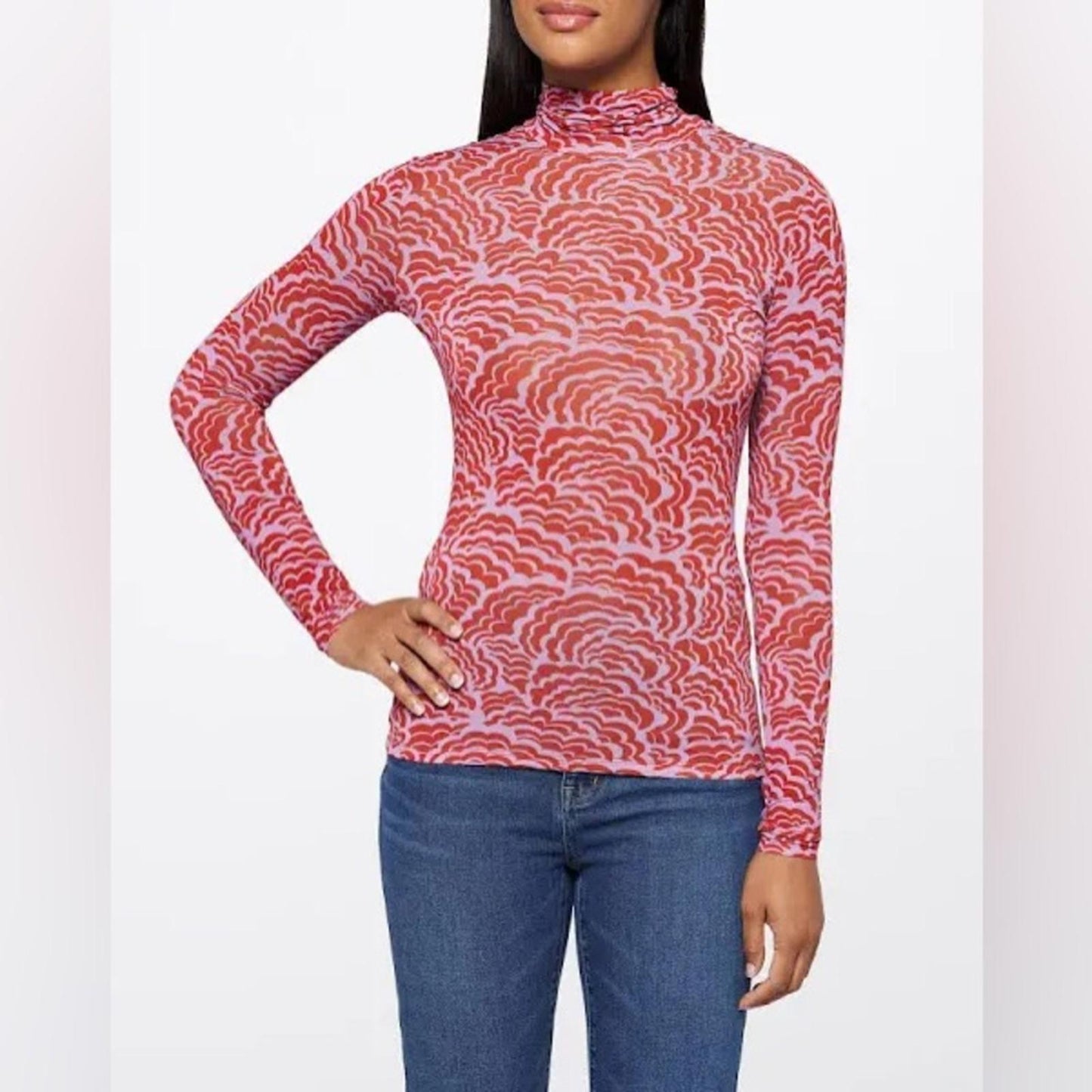 ALC James Printed Stretch-Mesh Turtleneck Top, Size L New w/Tag Retail $295