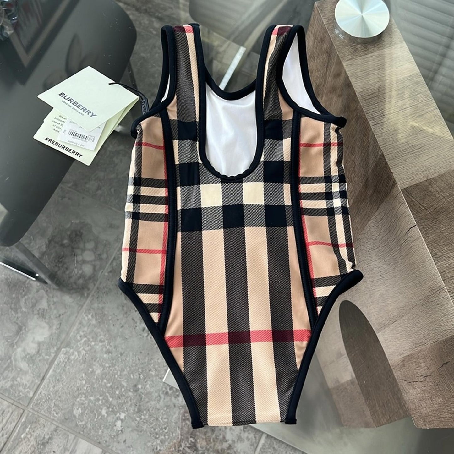 BURBERRY Kids Mini Nigella One Piece Swimsuit, Archive Beige Check Size 12M NWT