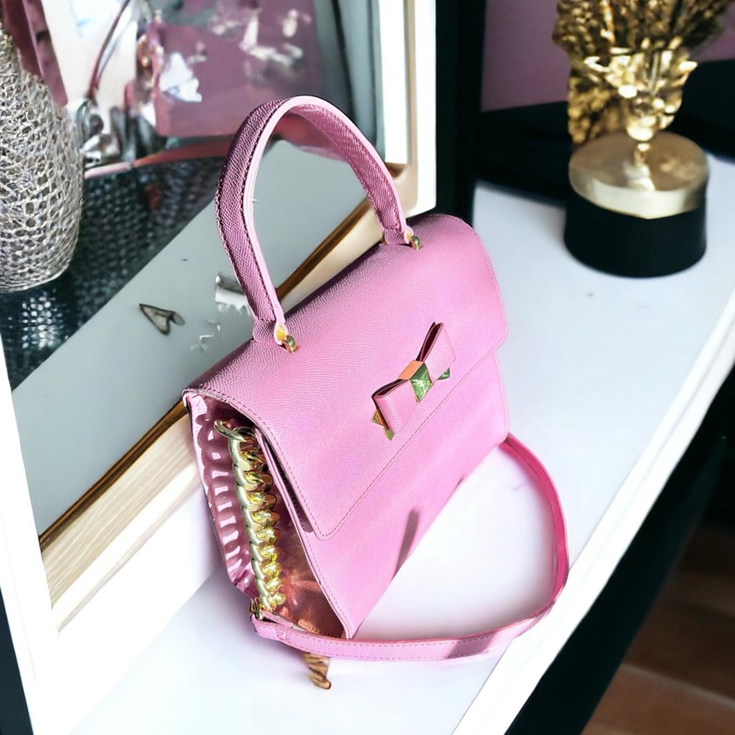 Betsey Johnson Xodevin Shoulder Bag with Chain Shoulder Strap in Pink Gold-Tone