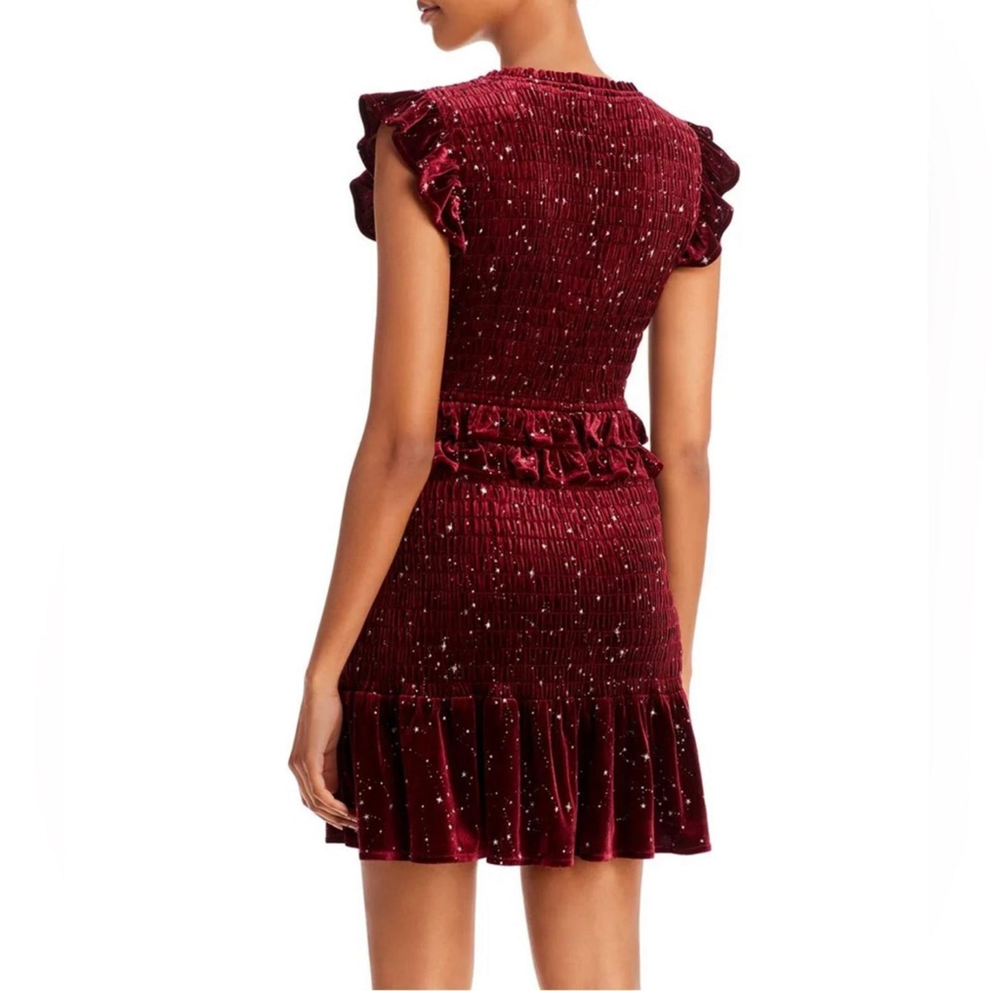 Aqua Velvet Smocked Mini Dress in Burgundy w/Star Print, Size S New w/Tag $88